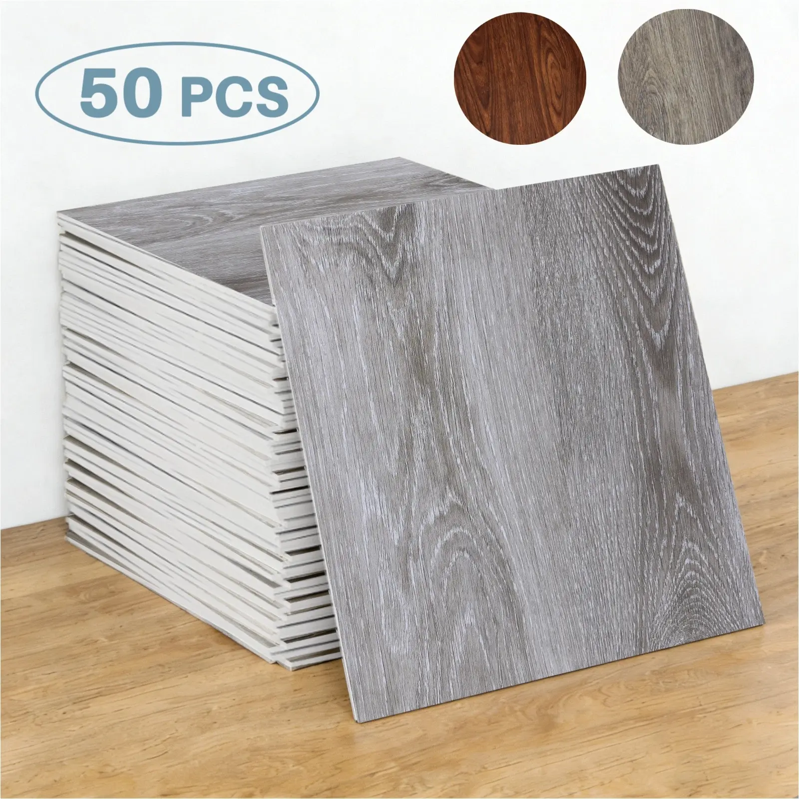 50PCS Thick Peel & Stick PVC Vinyl Floor Tiles, 50Sq.Ft Realistic Wood Grain, Water Resistant, No Nails, Firm Underfoot for Home Kitchens Flooring