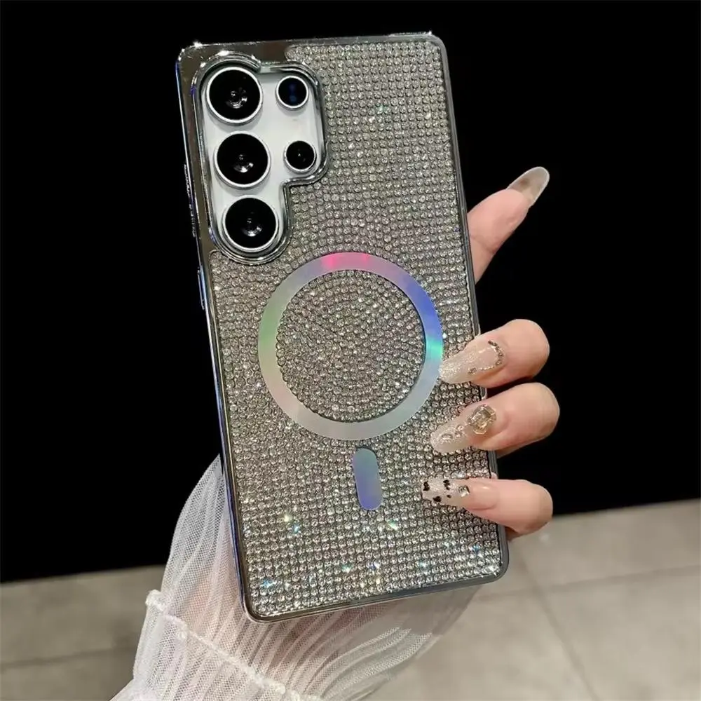 Plating Glitter Rhinestone Magnetic Mirror For Magsafe Case Samsung S25 S24 S23 S22 Ultra Plus Diamond Wireless Charging Cover