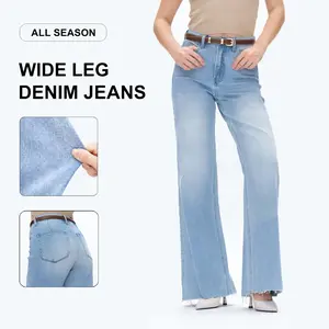 Women BBL High Rise Baggy Wide Leg Jeans High Stretch Light Blue No Distressing Buckle Denim Tummy Control Comfort Minimalist Streetwear