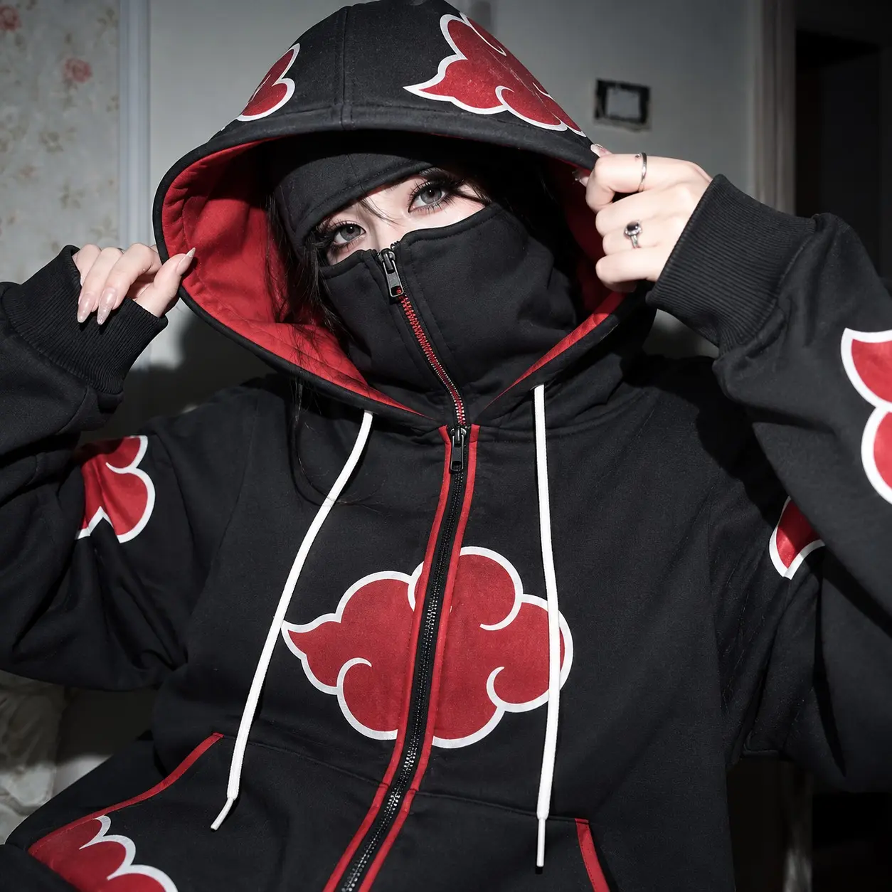 Ak@tsuki Black Zip-Up Hoodie, Red Cloud Graphic Face Cover Sweatshirt, Double Layer Hooded Jacket, Alternative Streetwear Cosplay