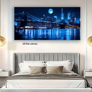 Wooden Framed Canvas Painting 2D Flat Modern Abstract Brooklyn Bridge and Manhattan Skyline Night Print Art Wall Painting canvas Painting Art Wrapped in canvas