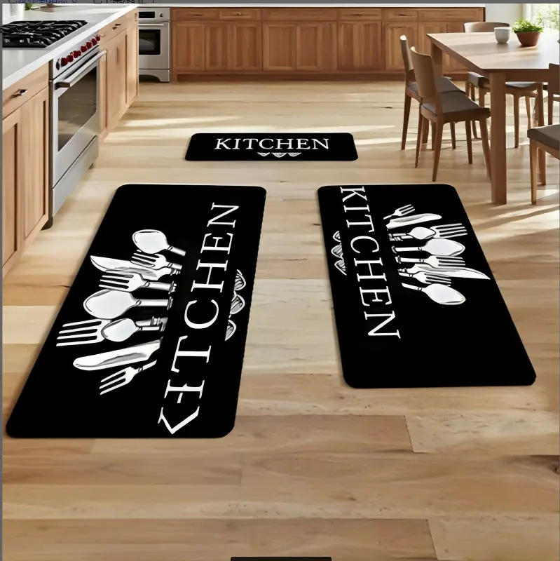 Kitchen Rugs Set 3 Piece, Non Slip Black Kitchen Mats for Floor, Soft Fabric with Rubber Backing, Farmhouse Anti Fatigue Runners Carpet for Home Kitchen Laundry Room Hallway (Black)