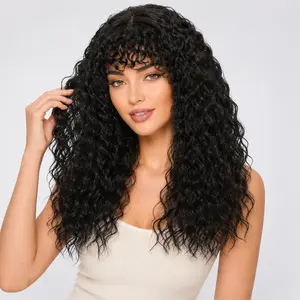 Auvzy Black 20inch Shaggy Haircuts Curly Wig with Bangs Wig Crafted with Premium Fiber, Realistic Look with Breathable Scalp Synthetic Heat Resistant Natural Wavy Wig with Water Wave Wigs Summerwins