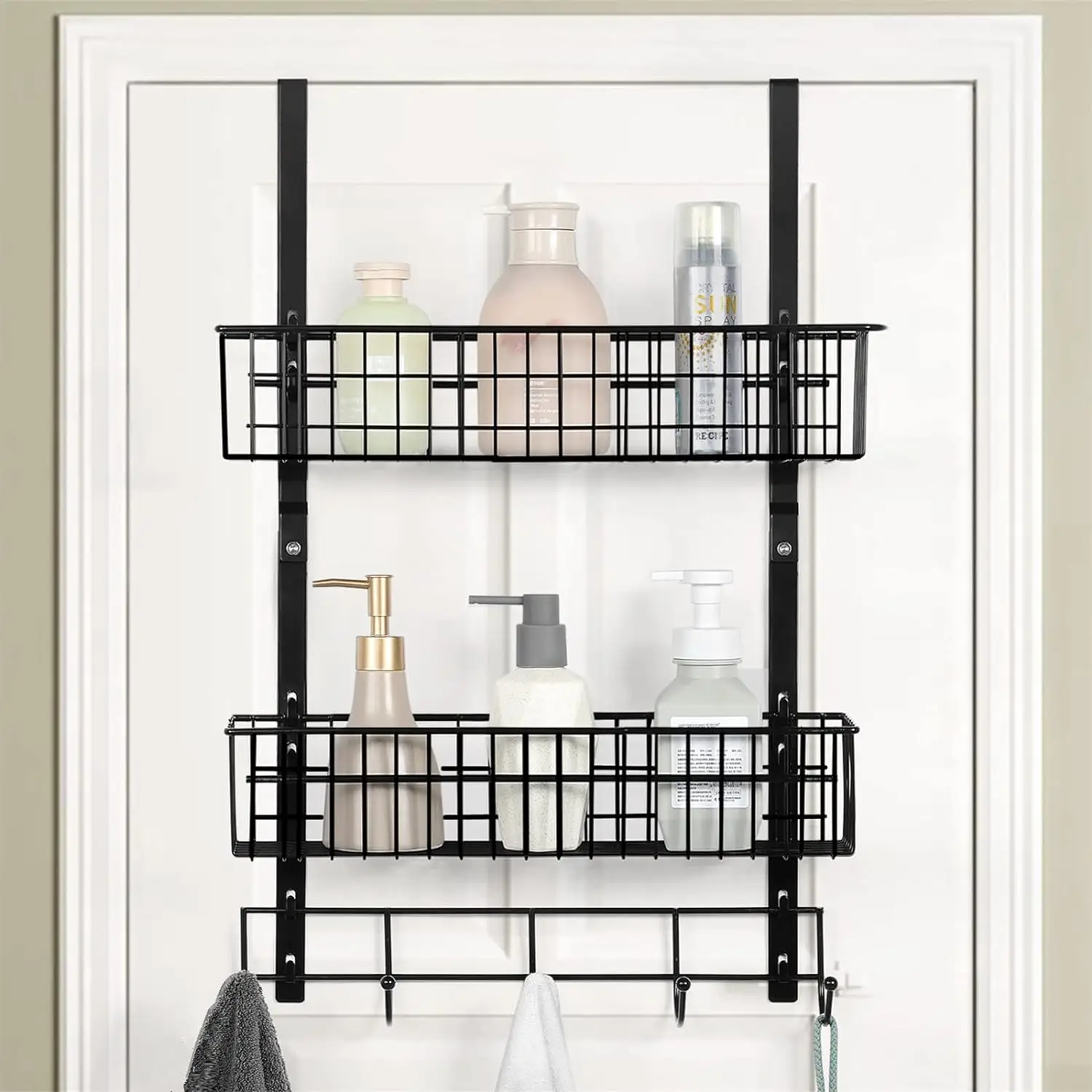 Over the Door Hook Shelf Organizer, Hangable Steel Coat Hook Towel Rack with 2 Mesh Baskets 5 Hooks Hanging Storage Spice Rack Rustproof Black Shelf