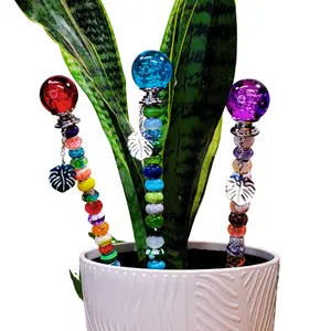 Handmade Crystal Top Glass Beaded Plant Stakes Vibrant Unique Indoor Decor for Houseplants & Home Office - Choose Your Color Palette & Topper Color