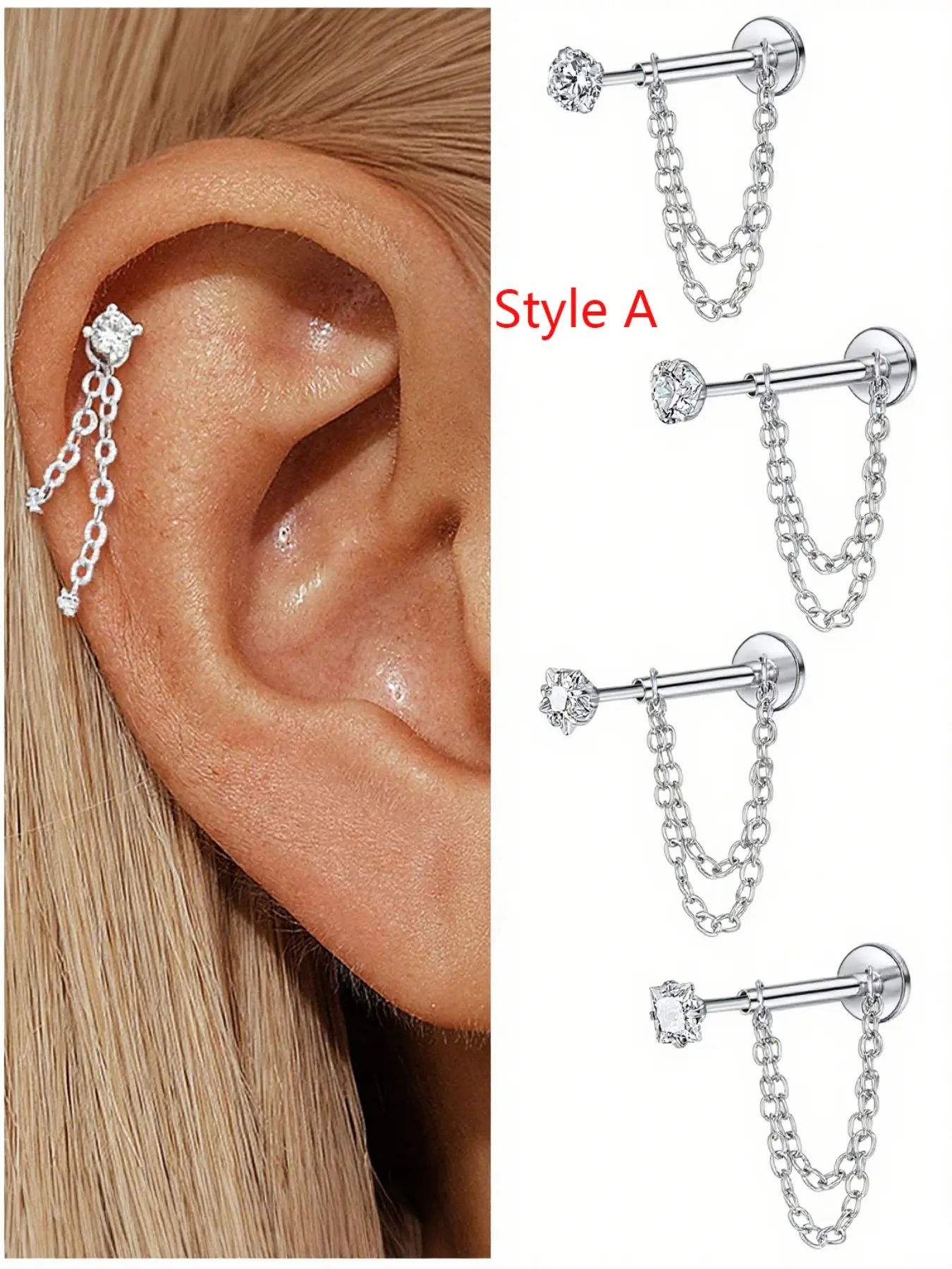 Cz Zircon Earrings, Cubic Zirconia, Sparkling Zirconia, Stainless Steel 20 Gauge Push-Back Studs, Double Chain Design, Fashionable Ear Jewelry Gift for Women and Men, Shining Earrings