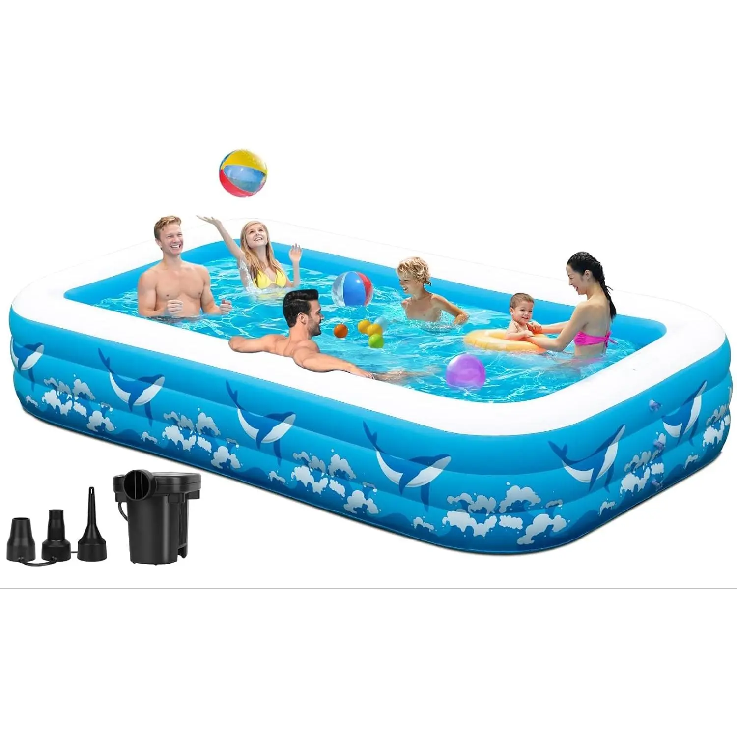 Thick PVC Rectangular Portable Swimming Pool - 130"x72"x22" Blow Up Pool with Pump, Party-Size Home Backyard Summer Supply for Kids+Adults Fit