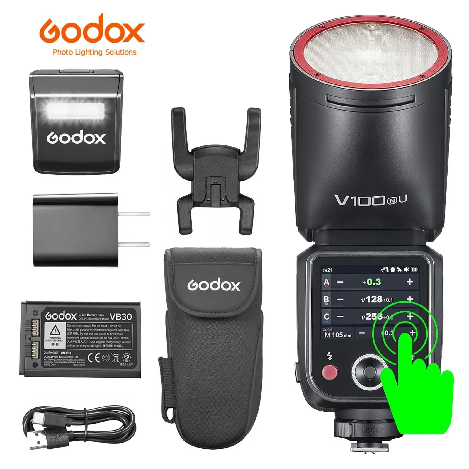 Godox V100-N 100W Output Round Head Touchscreen LCD Screen Flash for Nikon Cameras, TTL/HSS 1/8000s Speedlite, 2.4G Wireless Accessory, 400 Full Power Flashes, 1.7s Recycle Time, 10-Level LED Modeling Lights, 7.2V Lithium Battery Cells (USA Version)