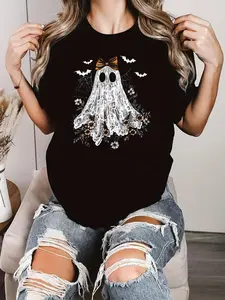 100% Cotton Halloween Women T-shirt Elegant Lace Ghost with Bow and Floral Halloween Art T-Shirt
