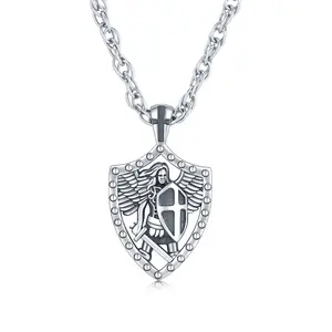 S925 Sterling Silver Cross Saint Michael Sword Pendant Necklace For Men Cuban Chain