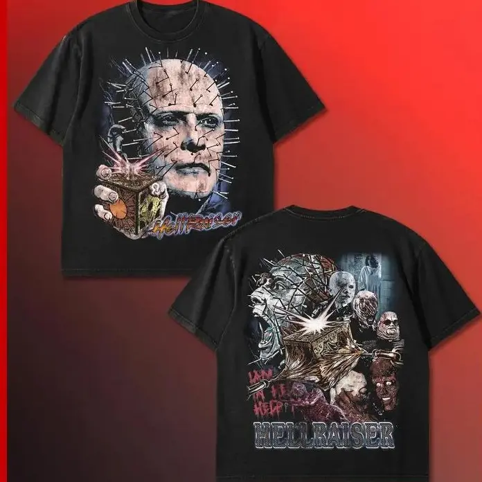 Hellraiser T-Shirt, Pinhead Horror Movie Graphic Tee, Vintage 80s Slasher Shirt, Lament Configuration Box Top, Spooky Season Gothic Streetwear, Retro Washed Cotton Loose Fit Shirt, Unisex Gift Item