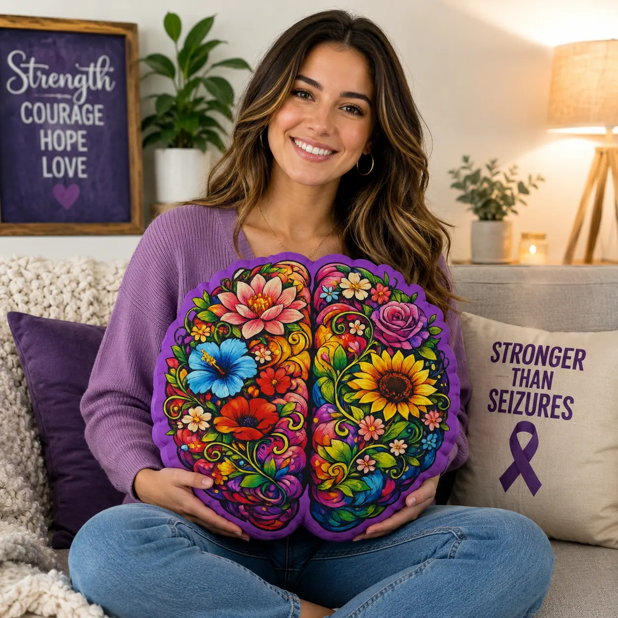 Floral Brain Shaped Pillow – Colorful Epilepsy Awareness Cushion