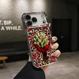 Trendy banknote themed phone case with leopard print and red lips design symbol of wealth and luxury For IPhone 17 16 15 14 13 12 11 PRO PLUS MAX AIR Four-corner Drop-proof Transparent Casual Soft Silicone Phone Case Perfect Gift Q93 Cellphone Smartphone