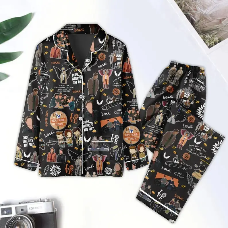 Supernatural Pajama Set, Winchester Brothers Satin Sleepwear, Dean Sam Inspired Lounge Wear, Hunter TV Series Nightwear, Fan Gift for Women