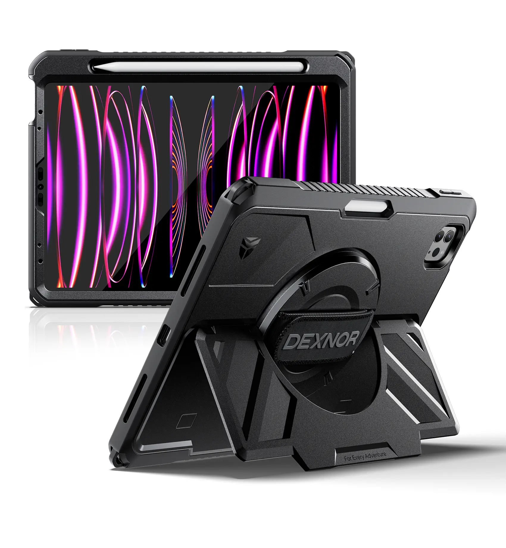 Dexnor Tablet Casing for iPad Pro 11 in 4th/3rd/2nd/1st Gen (2022/2021/2020/2018) - Rugged Protection Accessories with 360° Rotating Handheld Strap, Stand, Screen Protector, Pencil Holder, Shockproof Bumper, A2435 Series