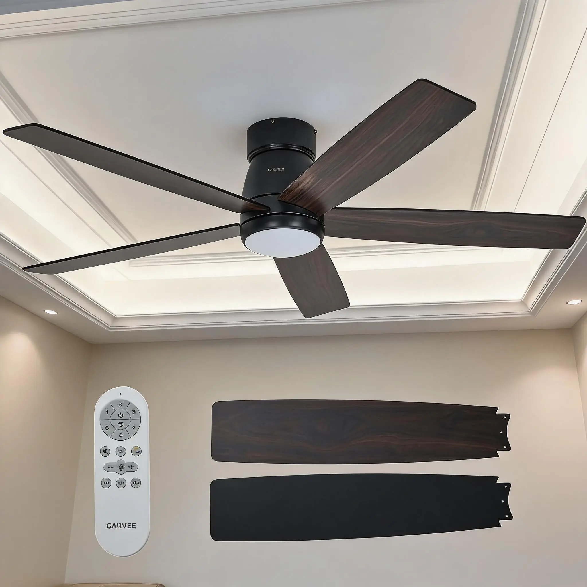 Garvee 52 in Smart Ceiling Fan with Lights - 5-Blade Modern Design - Quiet Reversible DC Motor - Remote & App Control, Dimmable LED CCT, Timer, 3 Speeds, Alexa/Voice, Indoor/Outdoor - Black Downrod