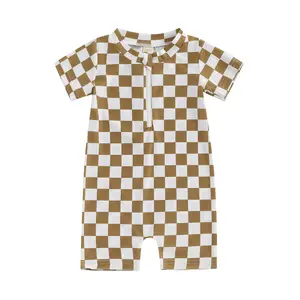 Toddler Baby Boy Girl Swimsuit Checkered  Swimwear Short Sleeve Zipper Rash Guard Beach Bathing Suit