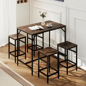5-Piece Industrial Dining Table Set, Bar Table & 4 Stools Set, Space Saving for Pub & Kitchen, Rustic Brown/Black