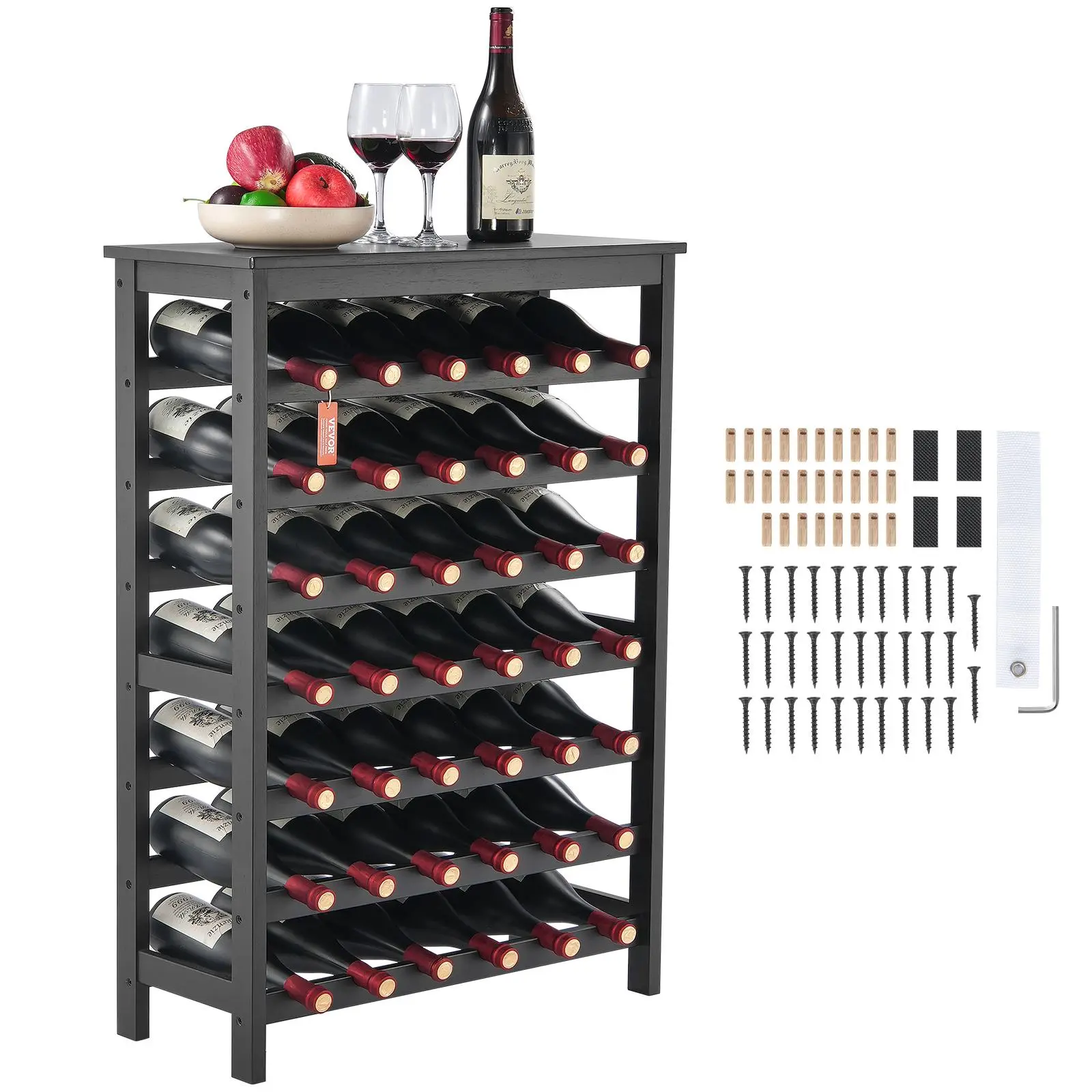 7-Tier Classic Bamboo Frame Wine Rack, 42-Bottle Sturdy Modular Eco-Conscious Freestanding Apartment Furniture Home Storage Cabinet with Table Top, Mold-Resistant Multi-Compartment Easy-Install Wobble-Free Holder with Screws for Kitchen, Dining Area