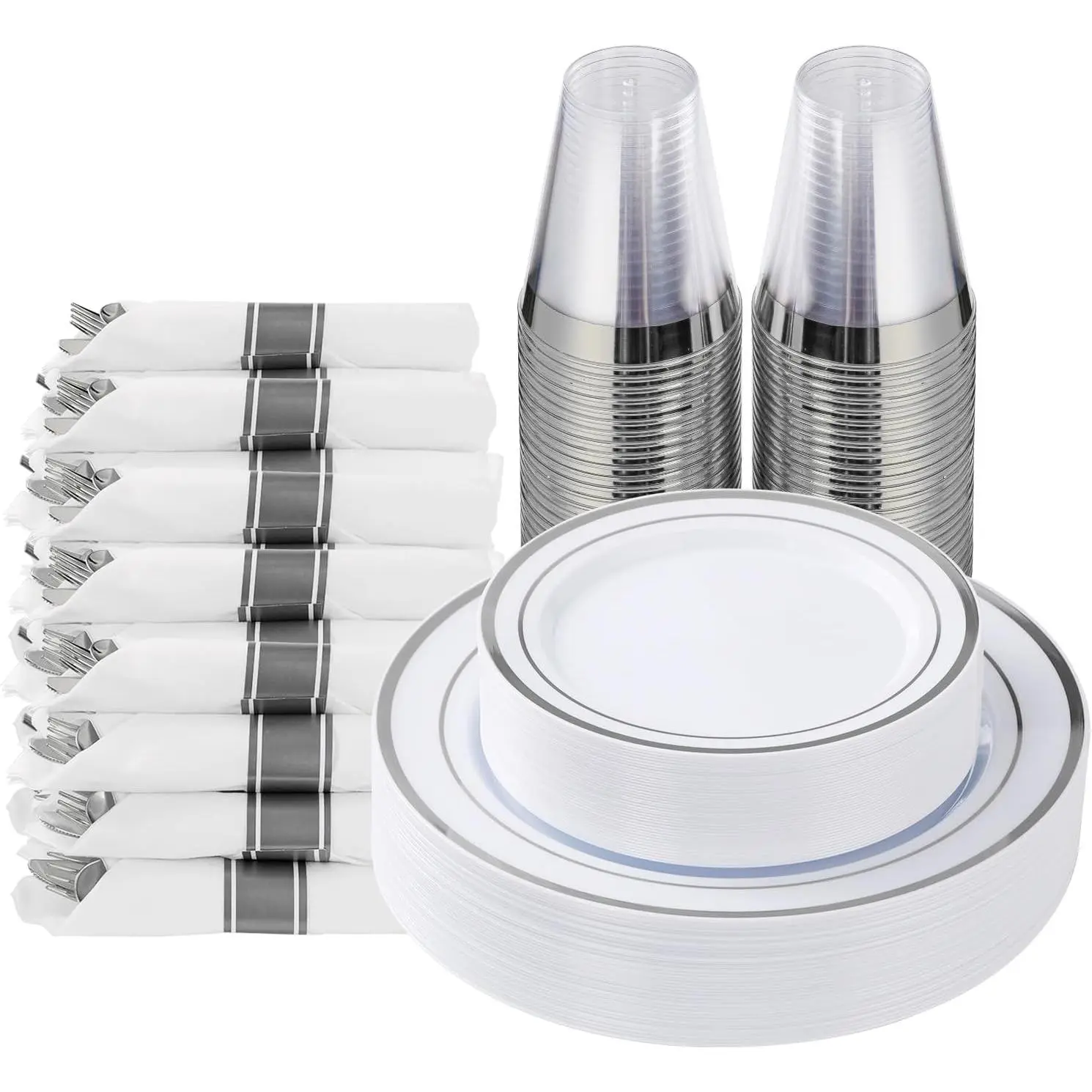 175-Piece Silver Disposable Dinnerware Set for 25 Guests - Fancy Party Tableware Kit with 25 Each of Dinner Plates, Dessert Plates, Pre-Rolled Napkins, Silverware, Cups