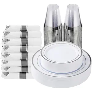 175-Piece Silver Disposable Dinnerware Set for 25 Guests, Fancy Party Wear Tableware Kit with 25 Each of Dinner Plates, Dessert Plates, Pre-Rolled Napkins, Silverware Pieces, Cups