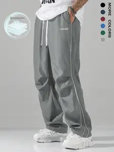 Men's Letter Embroidery Drawstring Waist Wide Leg Cargo Pants, Casual Comfy Pocket Trousers for Daily Wear, Woven Bottoms for All Seasons