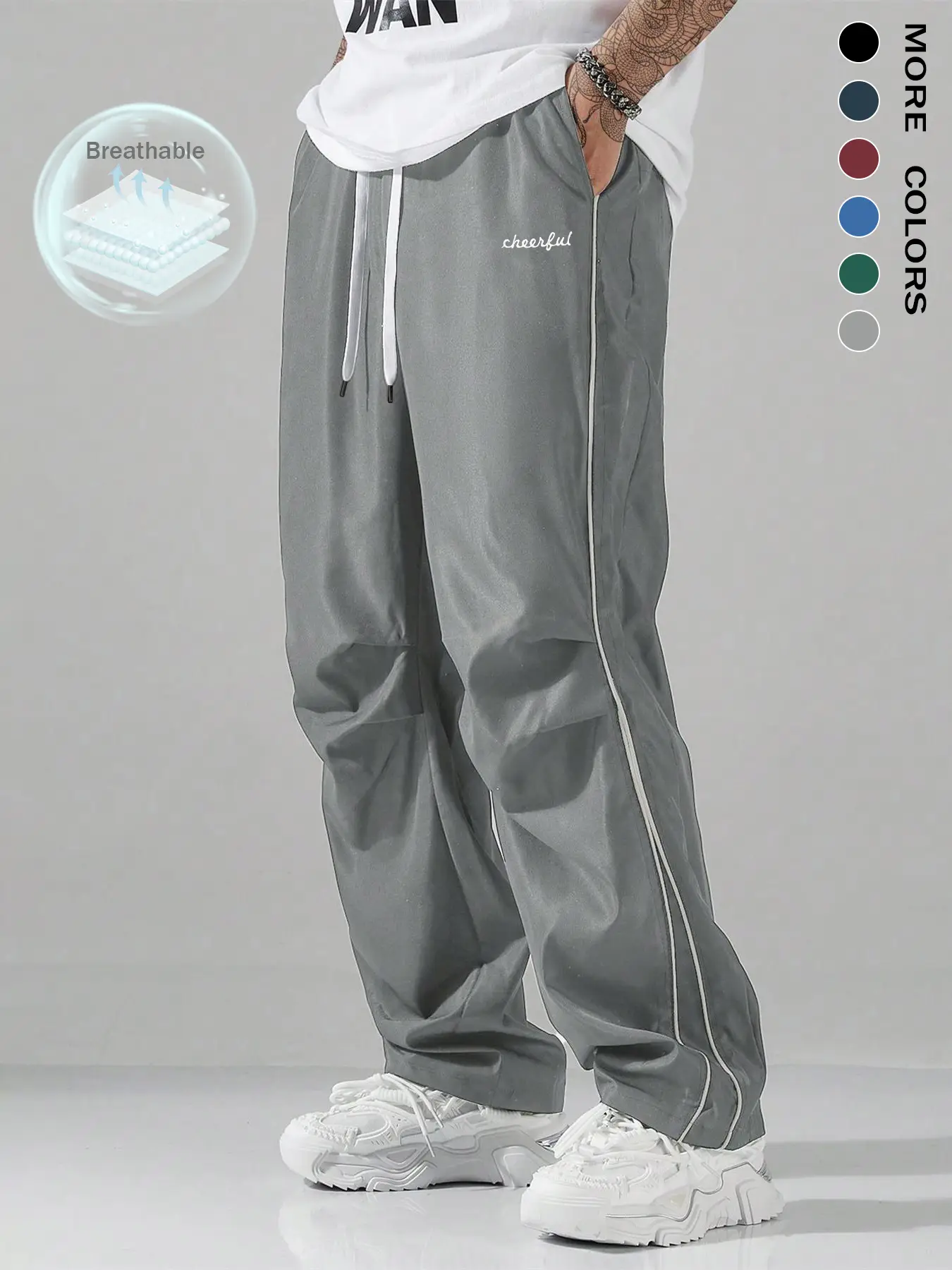 Men's Letter Embroidery Drawstring Waist Wide Leg Pants, Casual Comfy Pocket Trousers for Daily Wear, Woven Bottoms for All Seasons