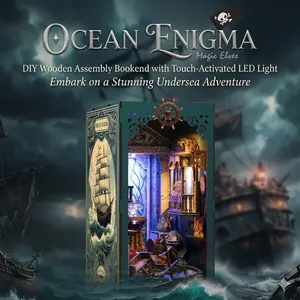 DIY Book Nook Kit Ocean Enigma, 3D Wooden Miniature Bookshelf Insert Decor with Touch LED Light, Desk Ornament Craft