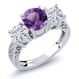 Gem Stone King 3-Stone Ring for Women | Gemstone Birthstone and White Moissanite | 925 Sterling Silver | Round 7MM and 5MM | Wedding Engagement Anniversary Promise Ring with Filigree Band | Size 5-9