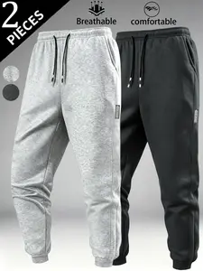 2 Pcs Men's Casual Sport Pants, Lightweight Polyester, Elastic Waist, Solid Color, Pockets, Knit, Ankle-Length, All Seasons