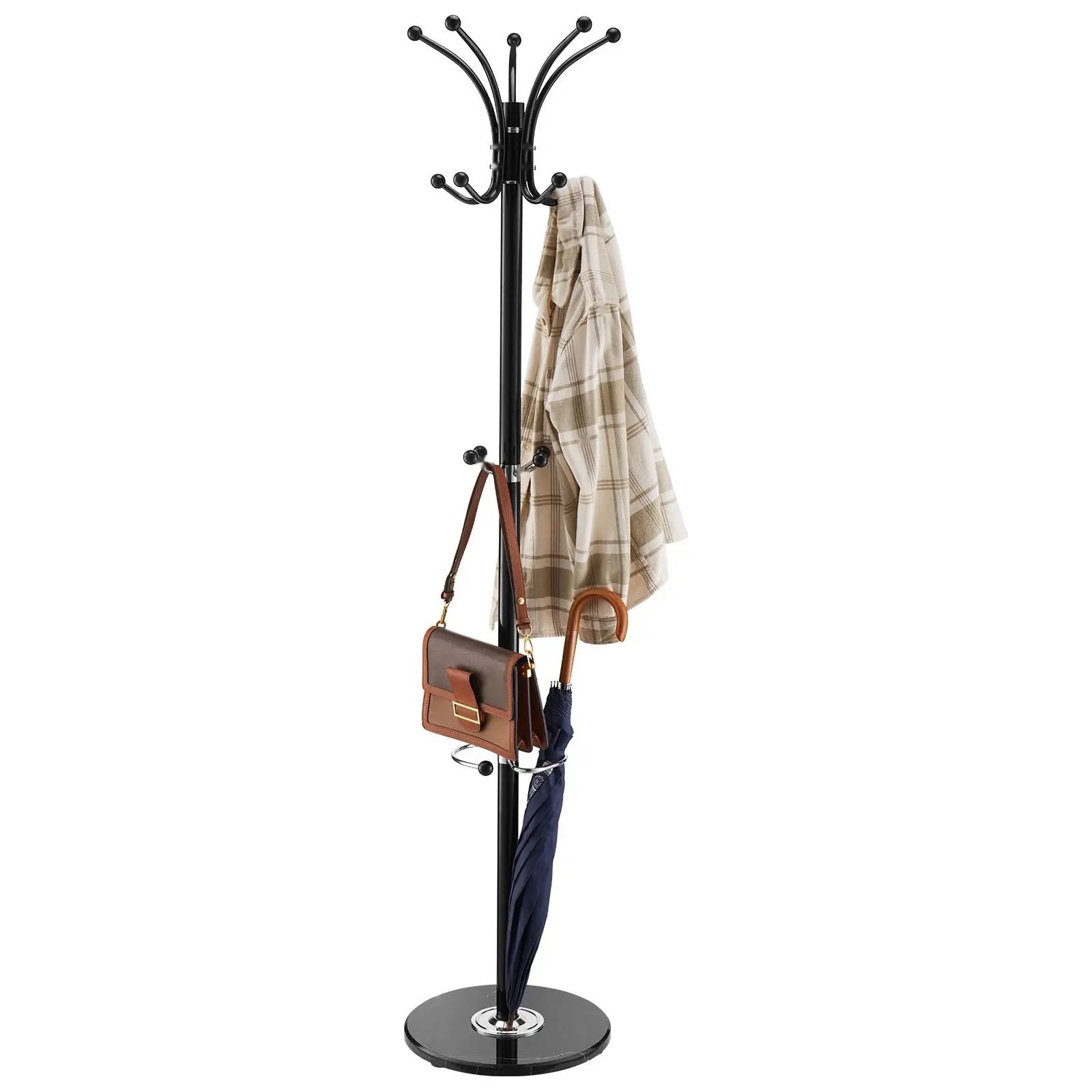 Freestanding Coat Rack With Marble Base, Umbrella Holder, 14 Hooks, Heavy-Duty Hallway Organizer For Entryway, Mudroom, And Living Room, Sturdy Metal Frame, Space-Saving Design, Durable Steel, Easy Assembly