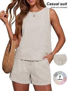 TFNOSIZE Women’s Summer Striped Breathable Casual Two-Piece Set — Tank Top and Shorts Set, Round-Neck T-Shirt, Sleeveless Design, Stylish Matching with Pockets (2026)