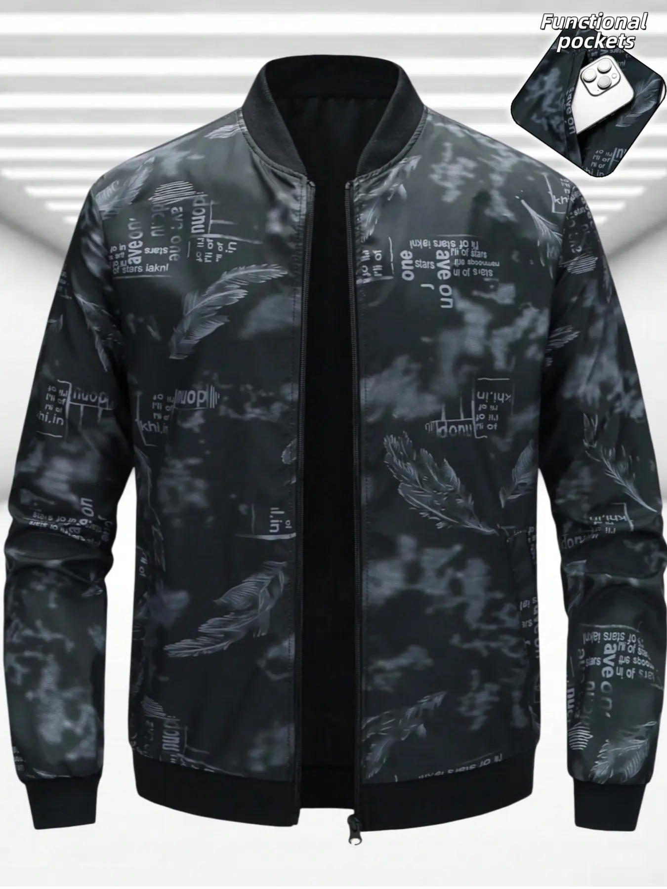 Men's Feather Print Pilot Jacket, Ribbed Neck and Sleeves, Zipper Design, Lightweight Windproof Streetwear, Practical Pockets, Spring Fall Casual Fashion Outerwear