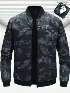 Men's Feather Print Pilot Jacket, Ribbed Neck and Sleeves, Zipper Design, Lightweight Windproof Streetwear, Practical Pockets, Spring Fall Casual Outerwear
