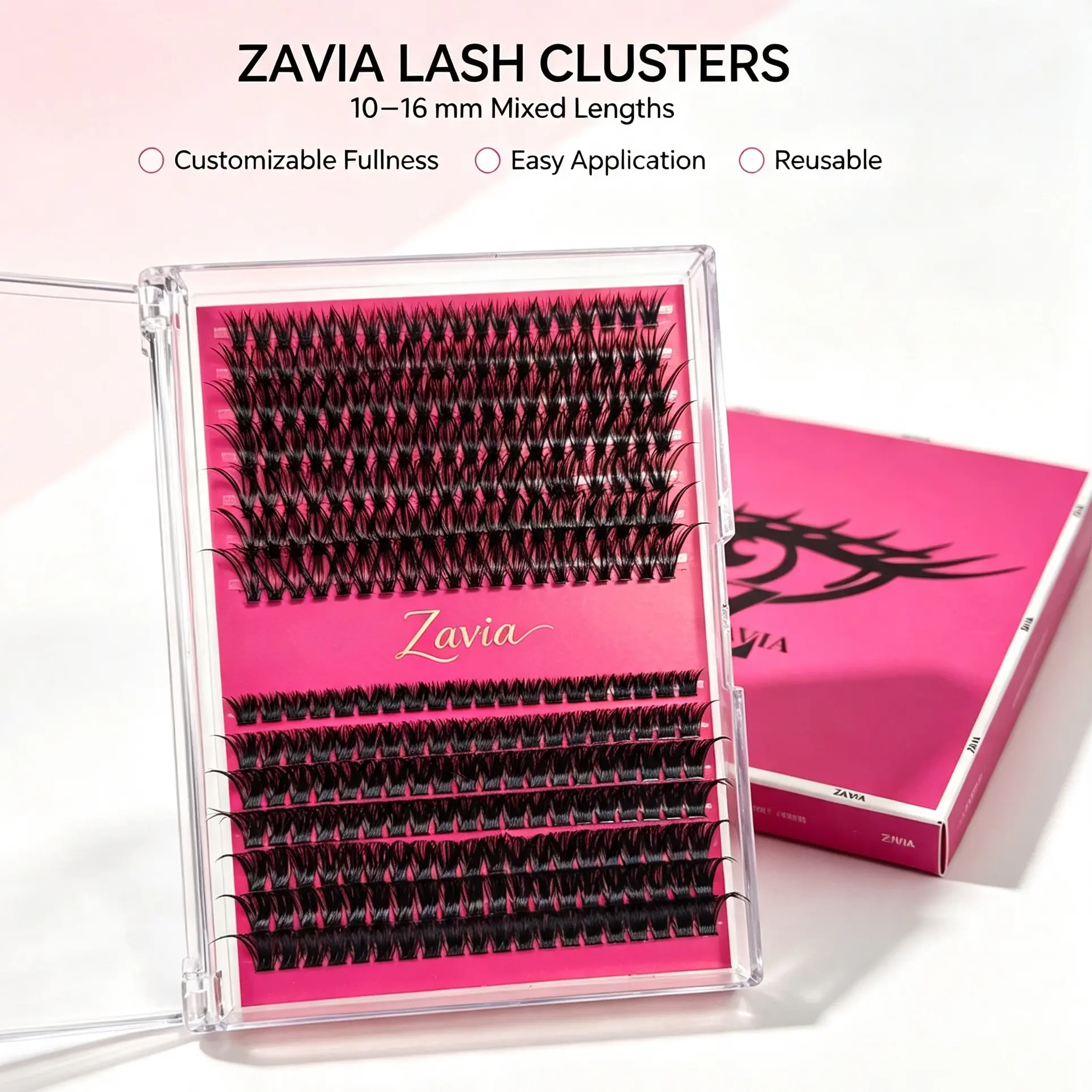 Zavia cluster lashes feature mixed lengths 10-16mm with D curl. Create adjustable fluffy eye makeup easily at home. Soft, lightweight and comfortable for daily & party looks.