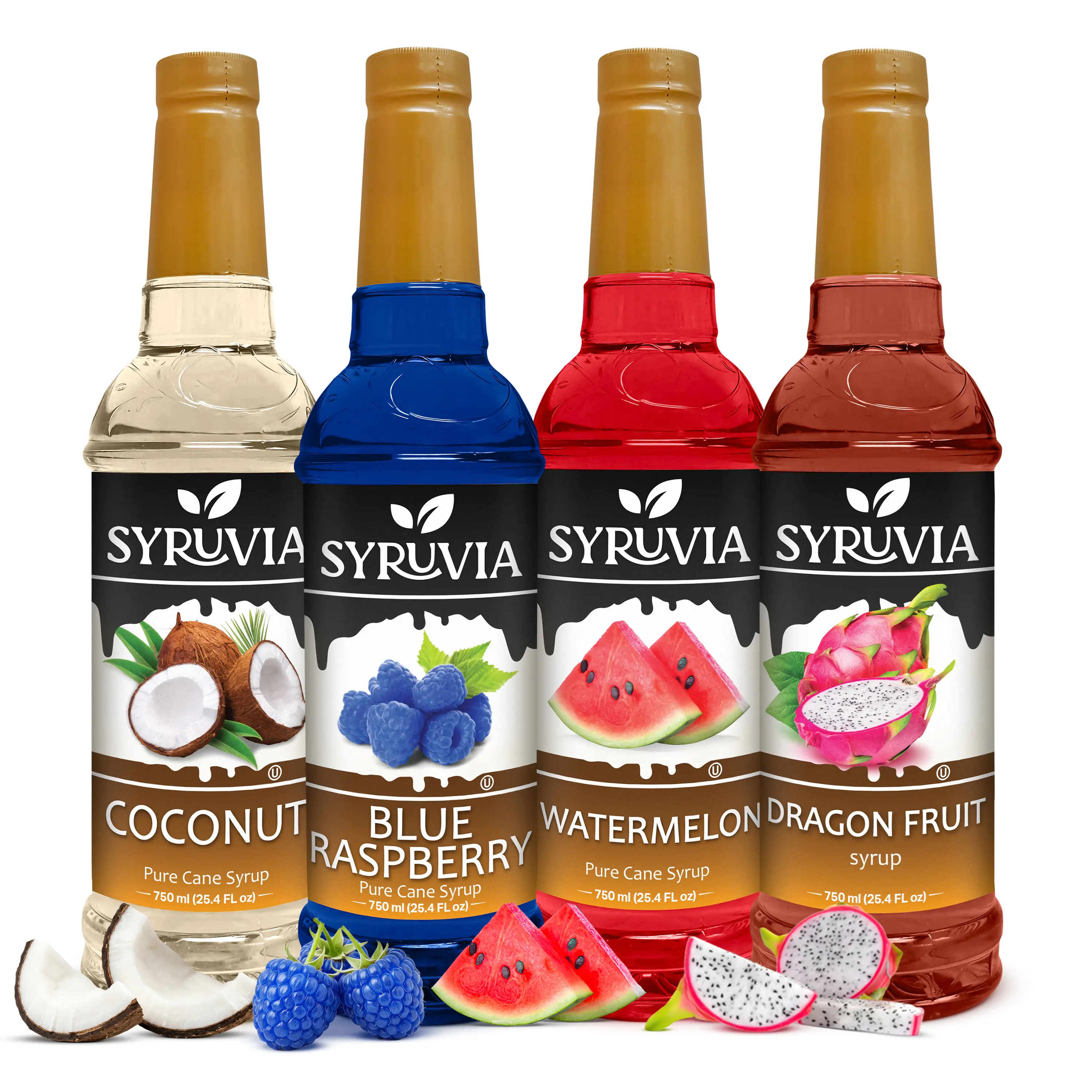 Syruvia Fruit Flavors Variety Pack – Coconut, Blue Raspberry, Watermelon & Dragon Fruit Syrup – Perfect for Cocktails, Lemonade, Iced Tea & More – 25.4 Fl oz Bottles (4 Pack)