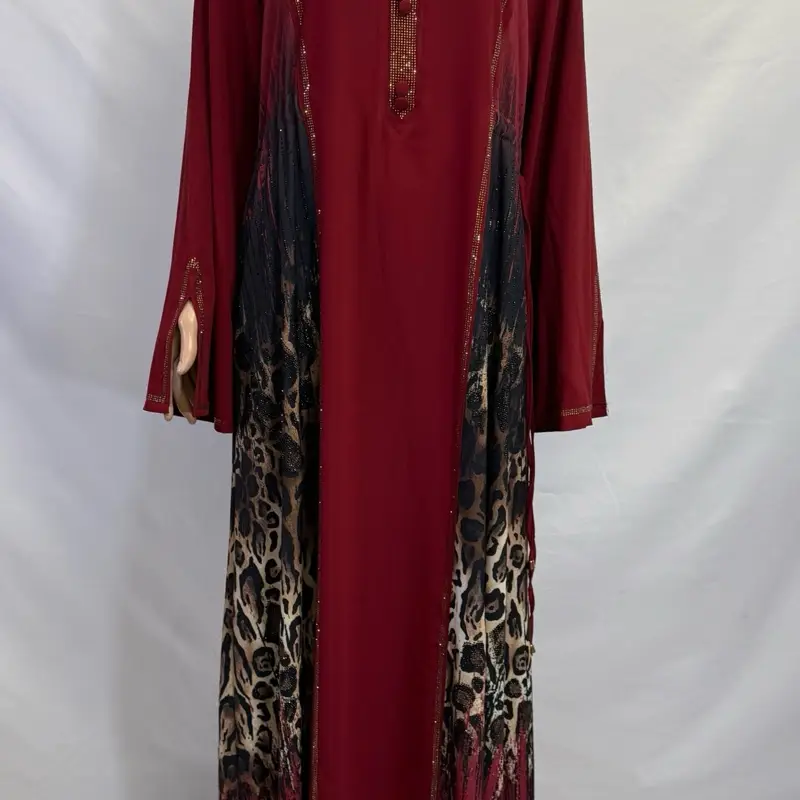 Red Leopard Maxi Long Sleeve Dress with Side Adjustable Strings and Pockets Rhinestoned Fashionable Women's Clothing