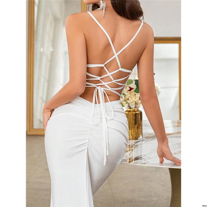 Ladies 2025 Woman Pary For Date Femme Soiree Prom Party Dress Summer Dresses High Backless White tiktok Belle Women Suspended Waisted Sequin Patchwork Slit Long Skirt Graduation Tie Back Robe Night Formal