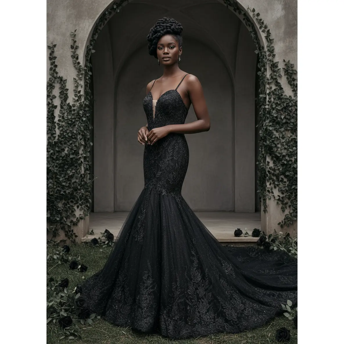 Robbin Custom Black Wedding Dress with Sparkles ,Gothic Wedding Dress, Trumpet Black Dress with Glitter, Sparkly Black Wedding Dress