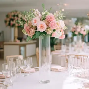 6 Pack Ribbed Cylinder Glass Vases – 20" Tall Clear Vases for Pampas Grass, Fresh Flowers & Elegant Event Decor