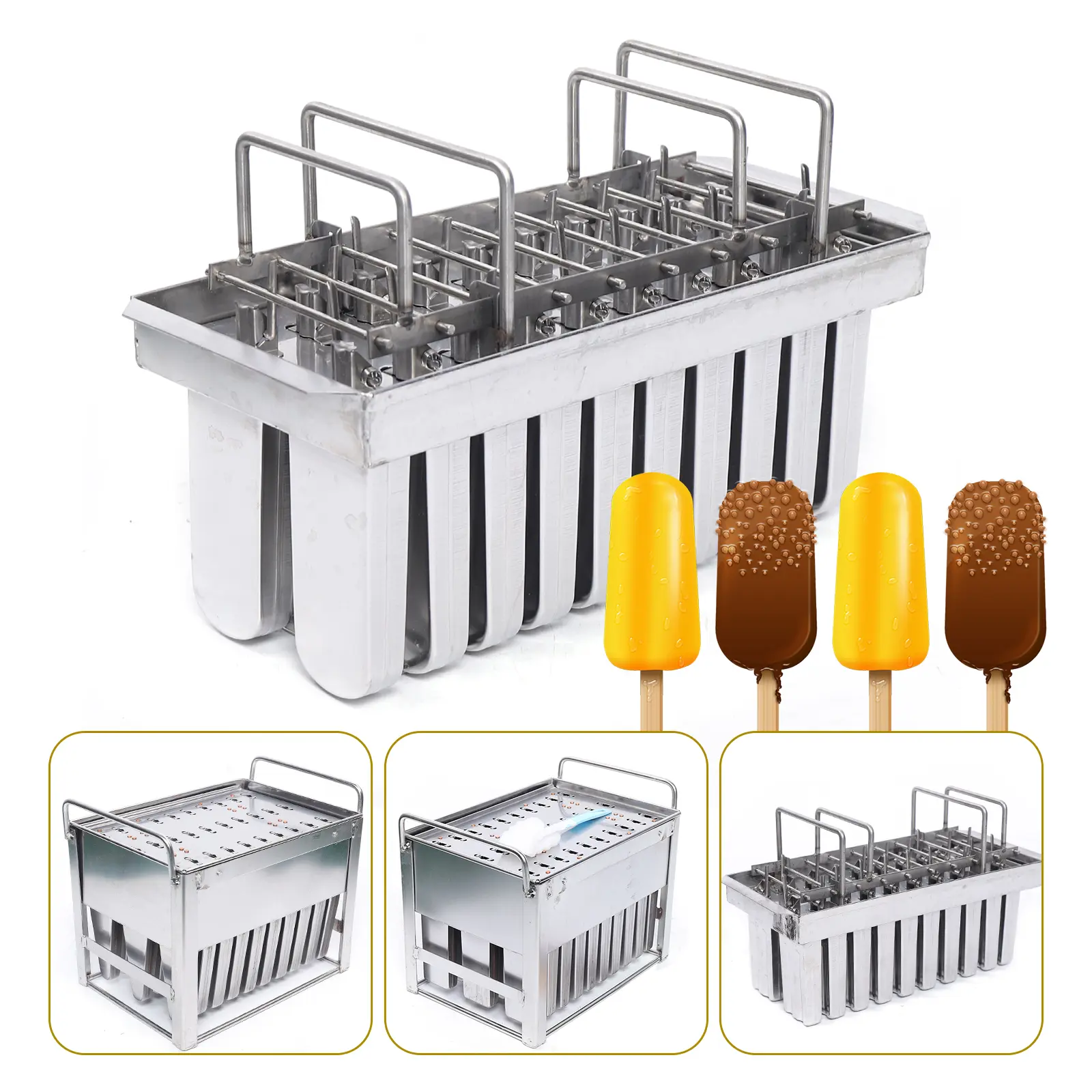 Silver Stainless Steel Rectangular Ice Cream Popsicle Moulds - 20-Capacity 3oz Reusable Kitchenware Utensils, 100 Flat Head Sticks for Home DIY, Outdoor Use