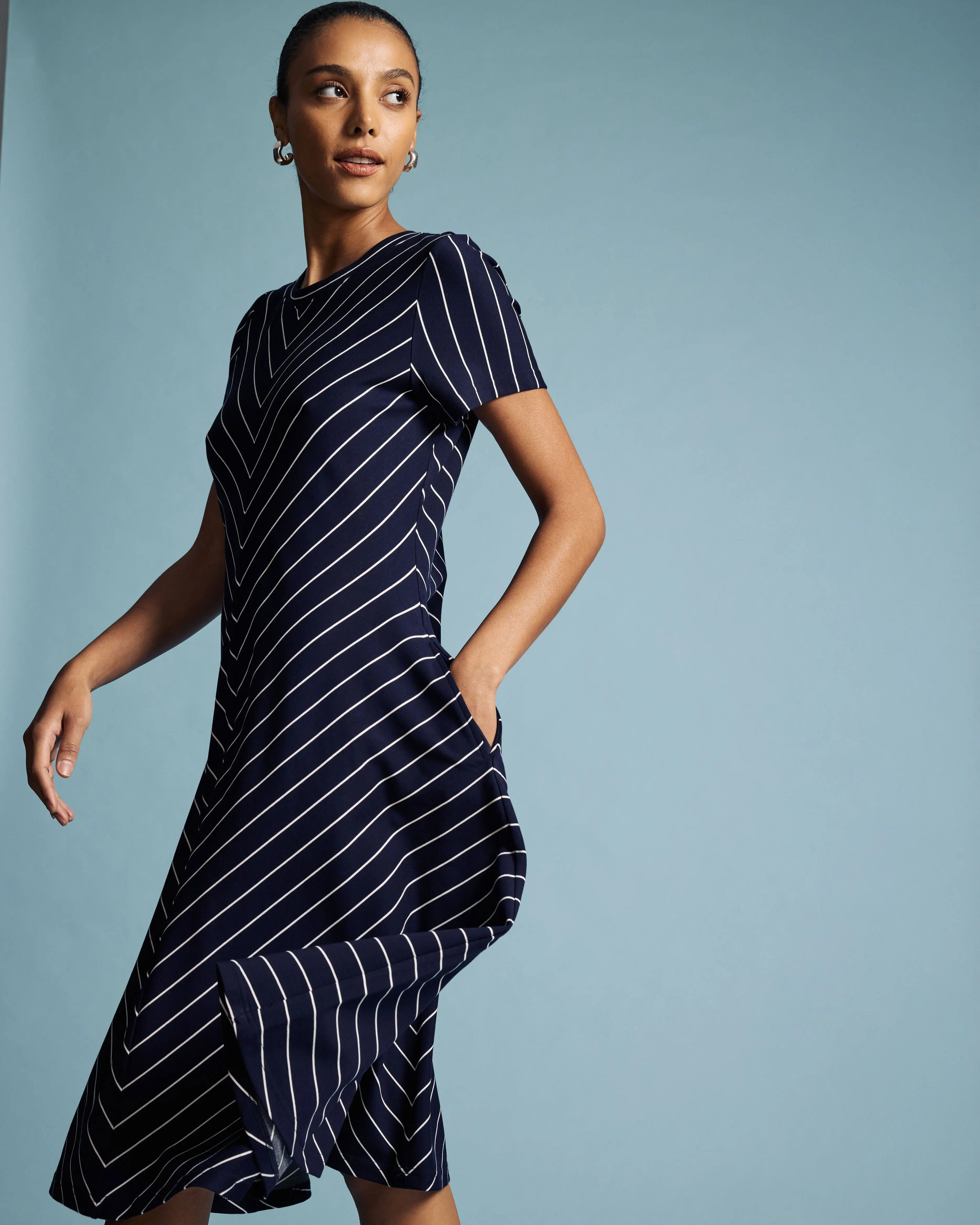 Women's Imani Shortsleeve Ponte Knit Dress - Navy Pinstripe Bias Cut Fit-and-Flare for Daily, Casual Wear, Striped