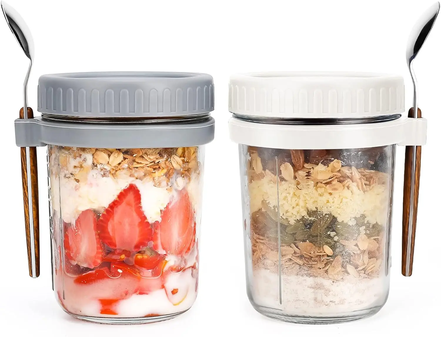 Overnight Oats Jars - 16 oz Container with Lid and Spoon for Cereal, Milk, Vegetable & Fruit Salad - Storage Jar with Measurement Marks (White and Grey)