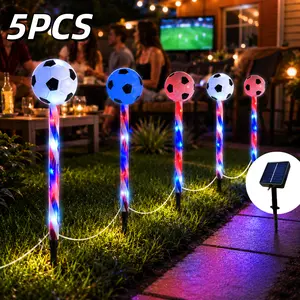 5-piece solar-powered soccer-themed light set, perfect for soccer party decorations, featuring 8 lighting modes and an IP44 waterproof rating. Ideal for decorating soccer fields, driveways, and gardens, as well as illuminating garden paths.