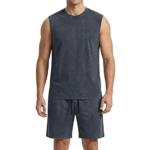 JMIERR Men's Vintage Acid Wash Two Piece Set Cotton Sleeveless Tank Top and Shorts