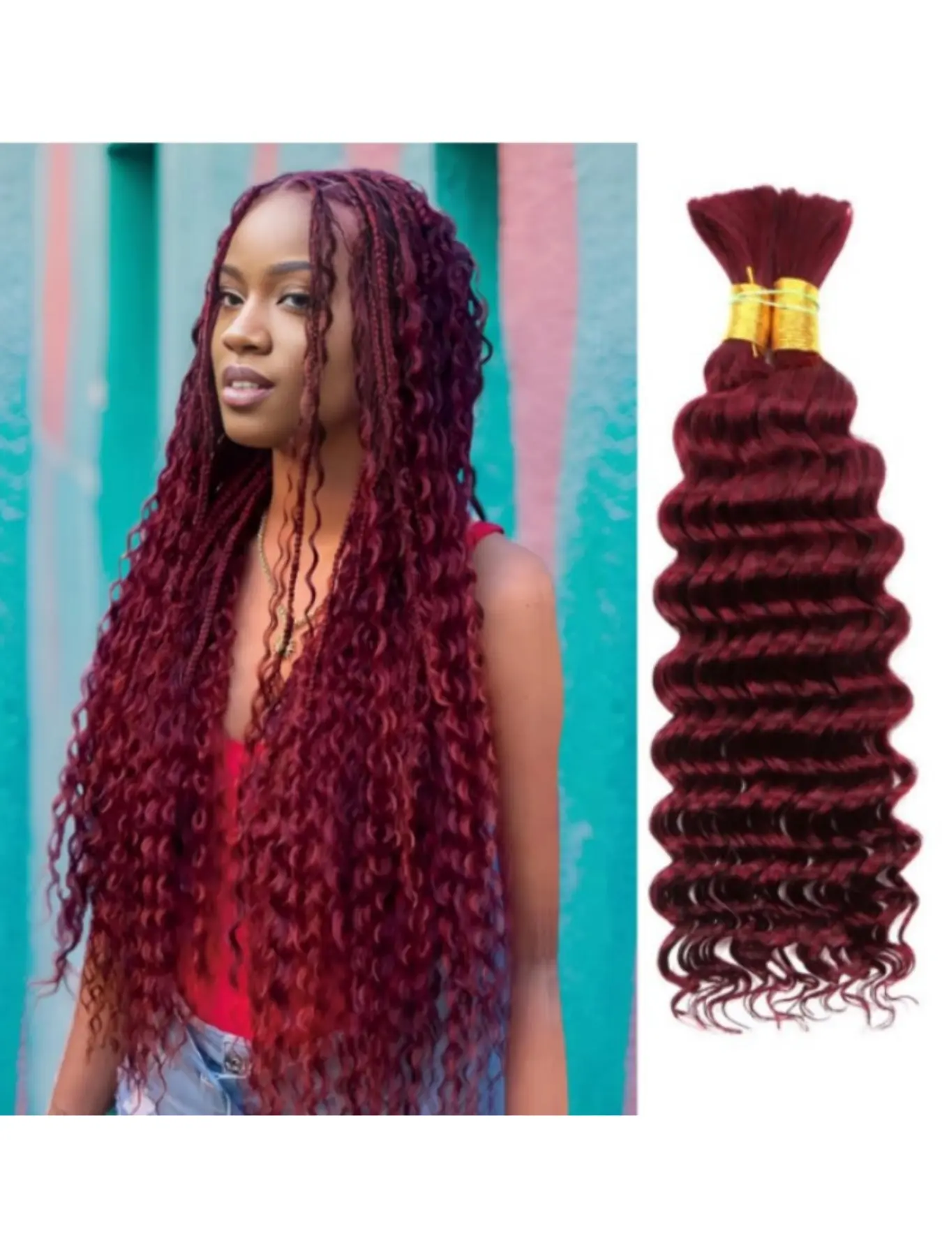 100g 2 Bundles/Pack Burgundy Human Braiding Hair Real Hair Extensions for Boho Braids  Curly Boho Hair for Braiding Knotless 12A Deep Wave Bulk Bohemian Color 99J#