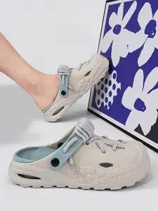 Women's Beige-Blue Color-Block Clogs: Unique Lace-Up Design + Air Cushion Thick Sole, Outdoor Versatile Slides
