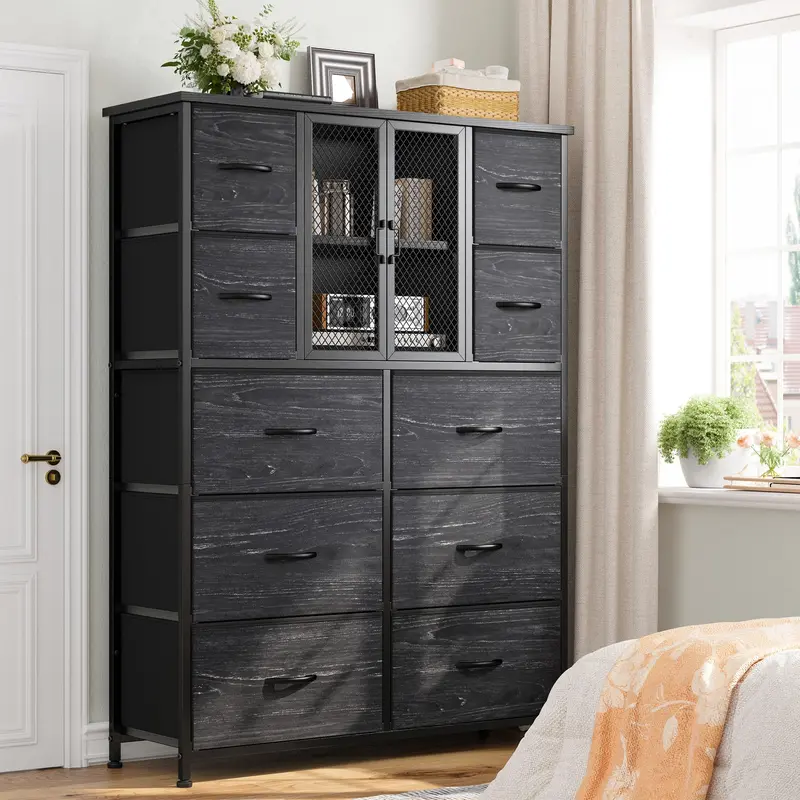 Raybee Bedroom Armoire Storage Cabinet - Modern Extra-Large Drawers Dresser Organizer with 10 Fabric Drawers, Metal Frame, Wood Top, Sliding Mesh Door Access, Anti-Tip Kit, Metal & Fabric Dresser for Bedroom, Apartment Furniture