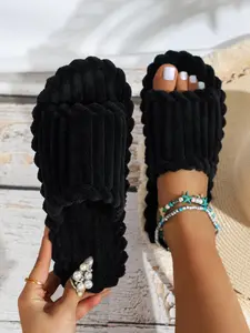 Women's Solid Color Ribbed Slippers, Casual Soft Comfortable Home Slippers, Plush House Slippers for Indoor & Outdoor Use, Soft Sole Slippers for Fall & Winter Footwear