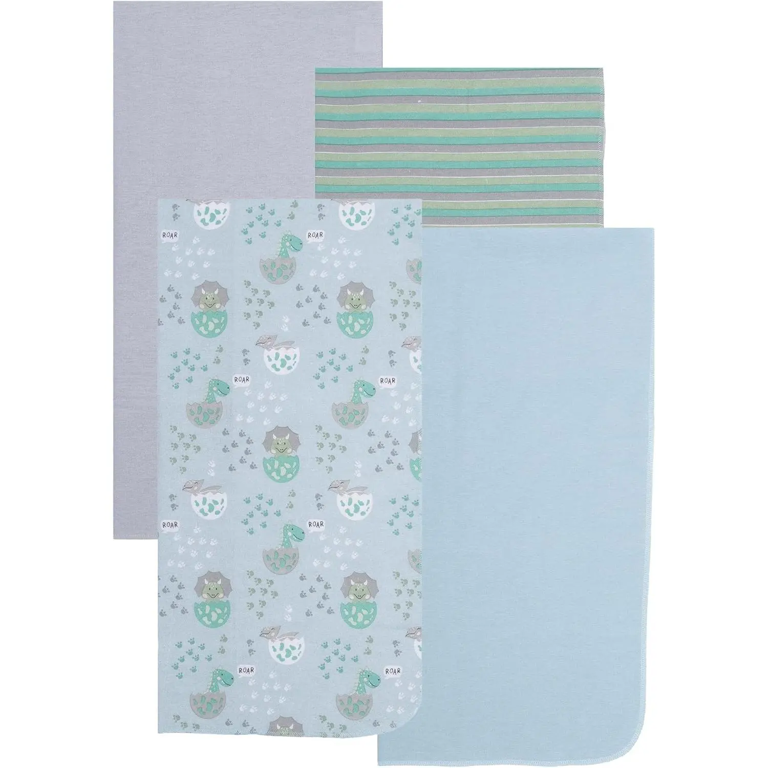 4 Pack Soft Flannel Receiving Blanket Set for ; Green/Blue/Gray  Swaddle Blankets for   with  Dinosaurs, Colorful Striped Pattern, Solids